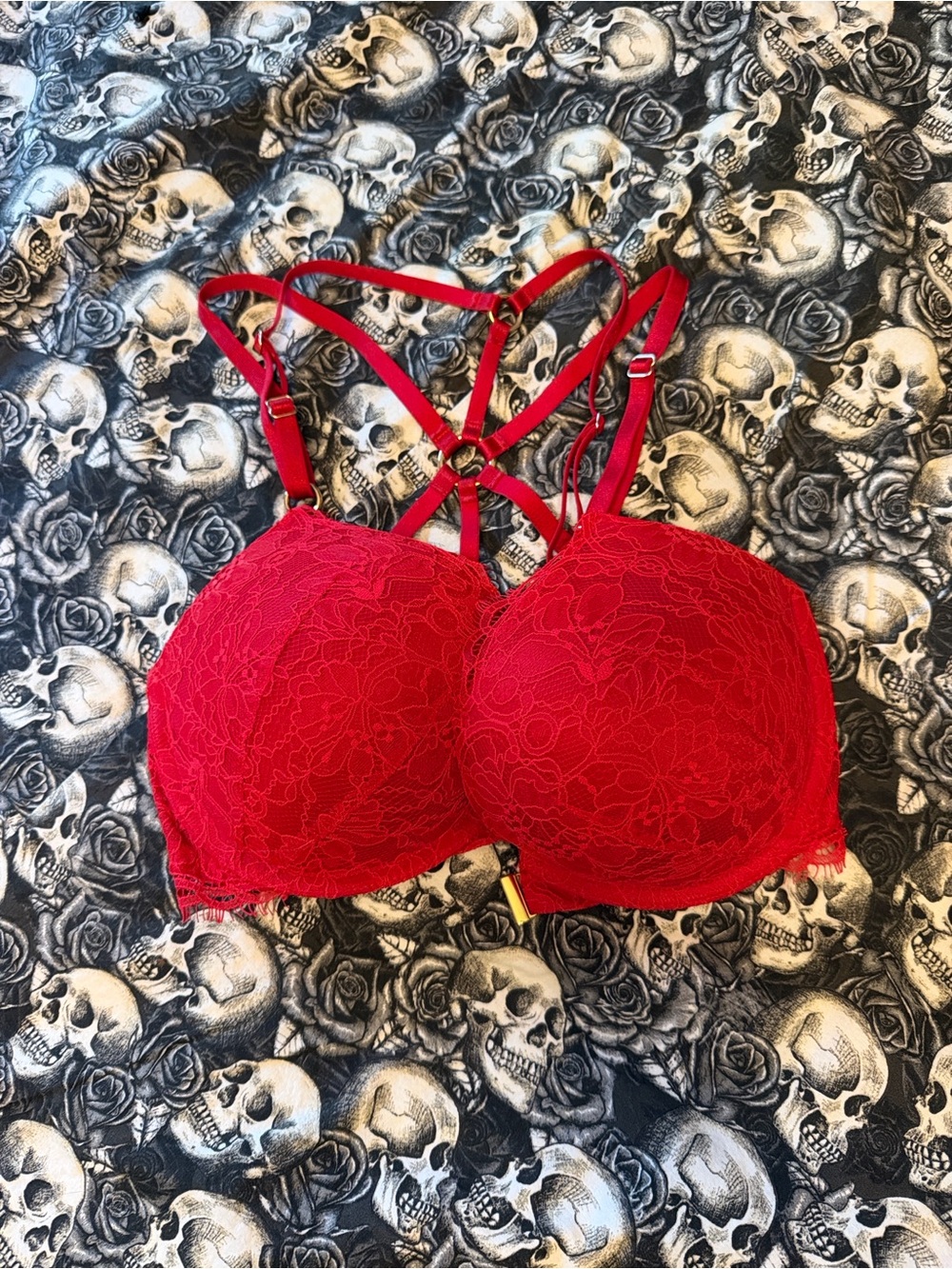 Red Lace Strappy EXTREME Push-Up BOMBSHELL Bra - Women Intimates Sz? 32? 32DD?